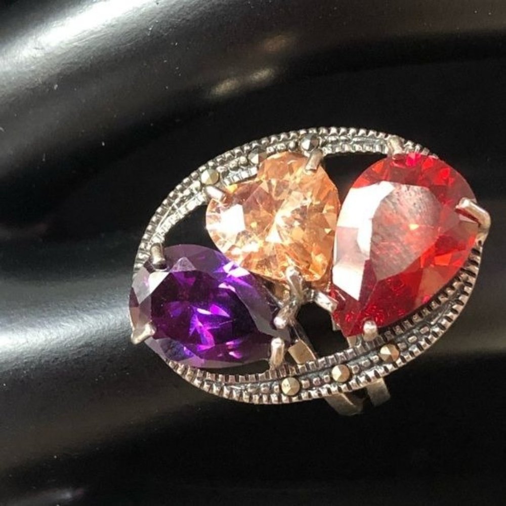 925 Sterling Silver Marcasite Multicolor Ring 6.5 Womens Heart Red Purple